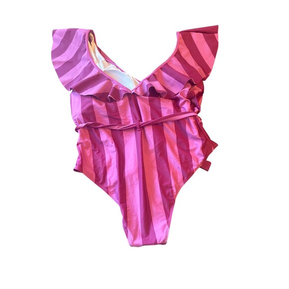 Eloquii Womens Plus Size 22 Striped Pink Ruffled One-Piece Swimsuit - Picture 6 of 6
